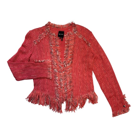 NIC+ZOE Jackets & Blazers - NIC+ZOE Coral Pink Fringe Trim Open Front Textured Knit Jacket Size XS